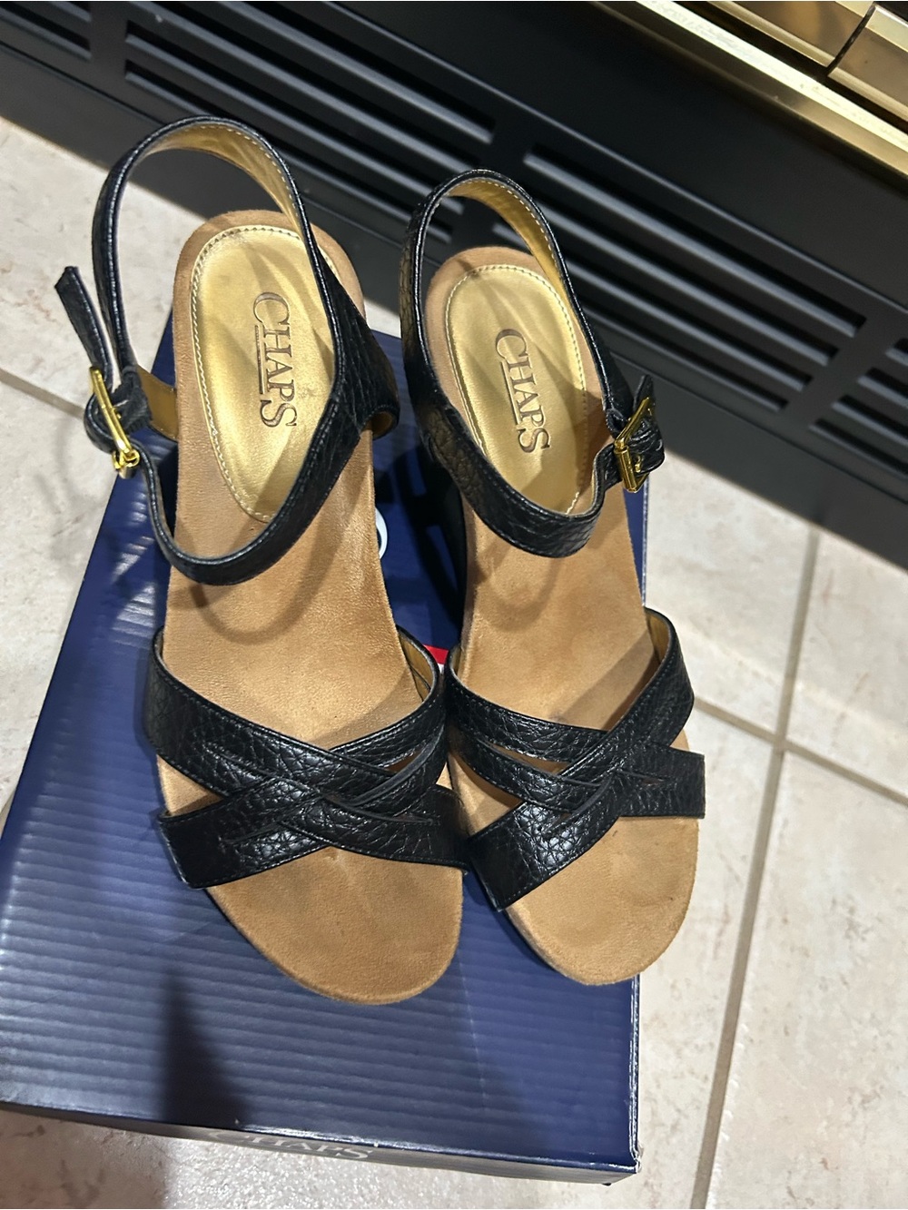 Chaps Black Crisscross Slingback Sandals with Tan Footbed